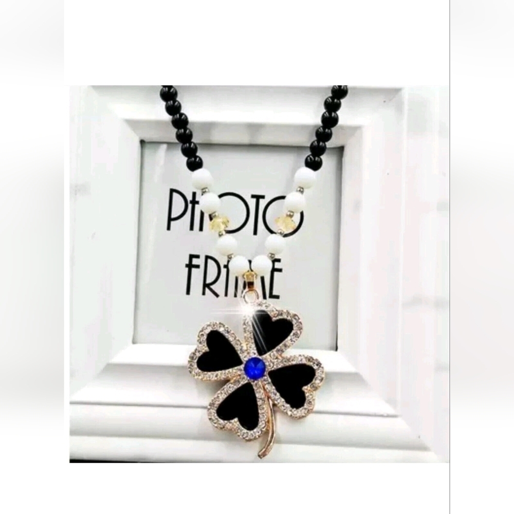❤️5/$25 4 Leaf Clover Black and White Beaded Necklace with Clover Pendant